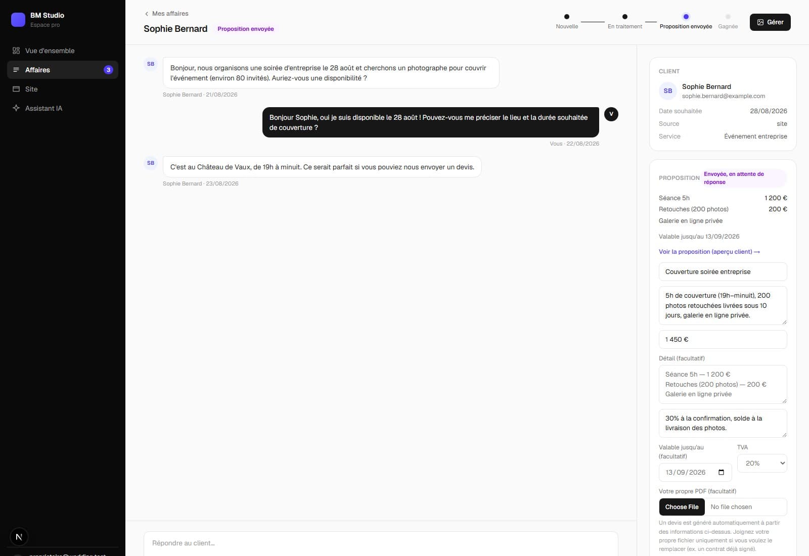 Discussion client, devis chiffré, acceptation — au même endroit